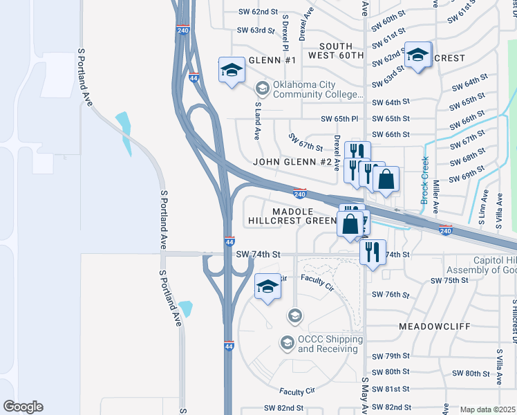 map of restaurants, bars, coffee shops, grocery stores, and more near 7209 Bernadine Lane in Oklahoma City