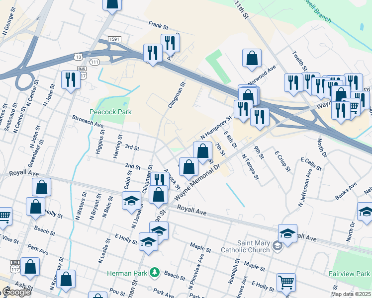 map of restaurants, bars, coffee shops, grocery stores, and more near East 5th Street in Goldsboro