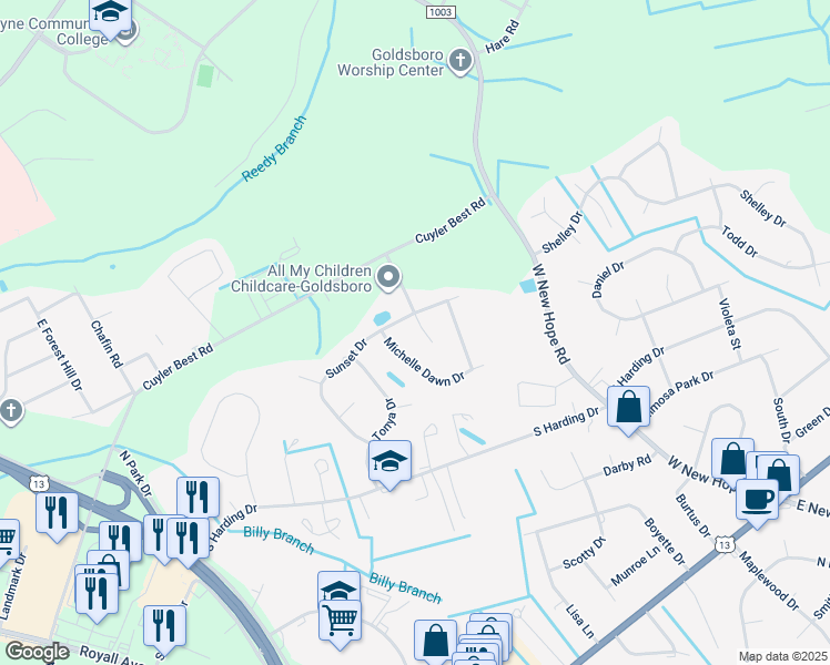 map of restaurants, bars, coffee shops, grocery stores, and more near 202 Glenda's Circle in Goldsboro
