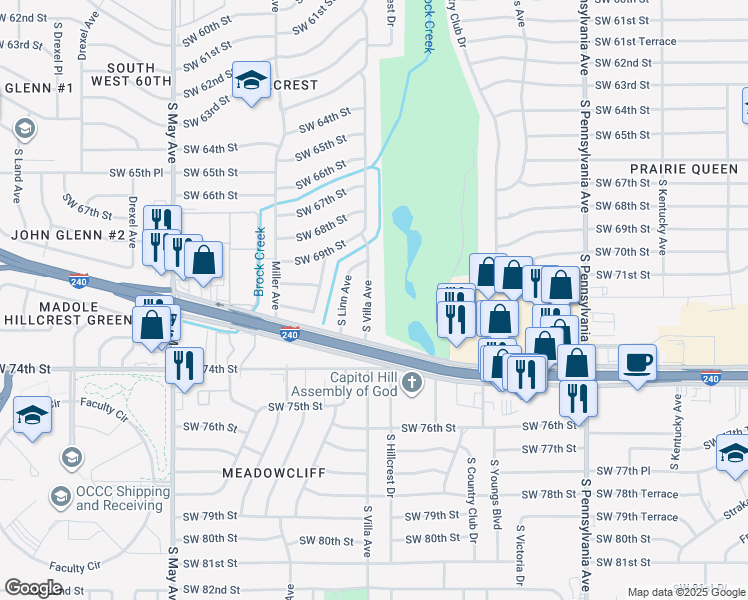 map of restaurants, bars, coffee shops, grocery stores, and more near 7104 South Villa Avenue in Oklahoma City