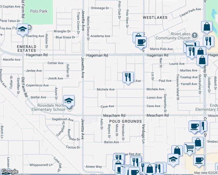 map of restaurants, bars, coffee shops, grocery stores, and more near 10912 Michele Avenue in Bakersfield