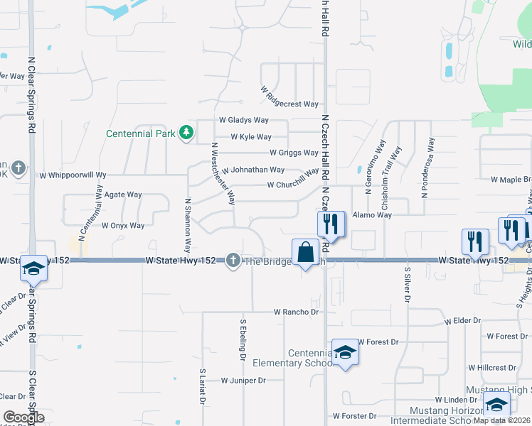 map of restaurants, bars, coffee shops, grocery stores, and more near 1053 W Windsor Way in Mustang