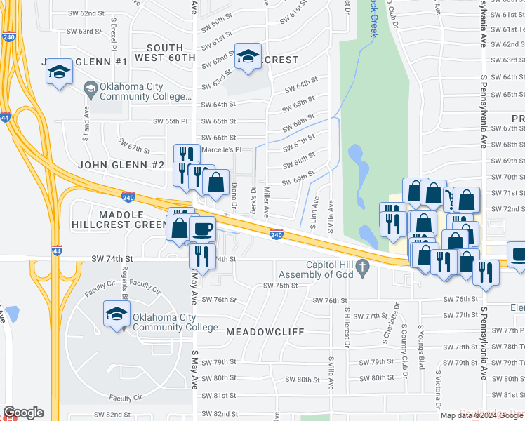 map of restaurants, bars, coffee shops, grocery stores, and more near 7009 Miller Avenue in Oklahoma City