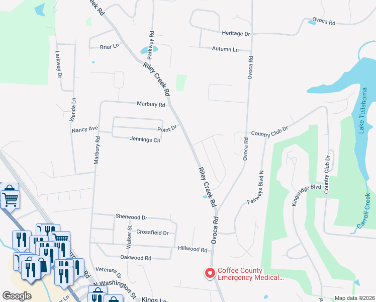 map of restaurants, bars, coffee shops, grocery stores, and more near 127 Riley Creek Road in Tullahoma