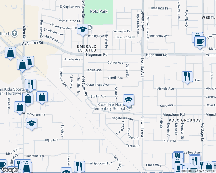 map of restaurants, bars, coffee shops, grocery stores, and more near 11721 Copernicus Avenue in Bakersfield