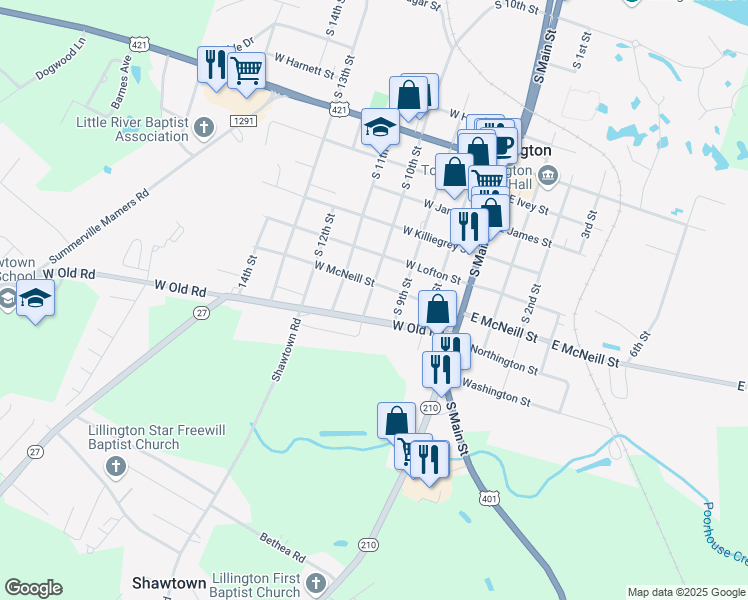 map of restaurants, bars, coffee shops, grocery stores, and more near 1305 South 10th Street in Lillington