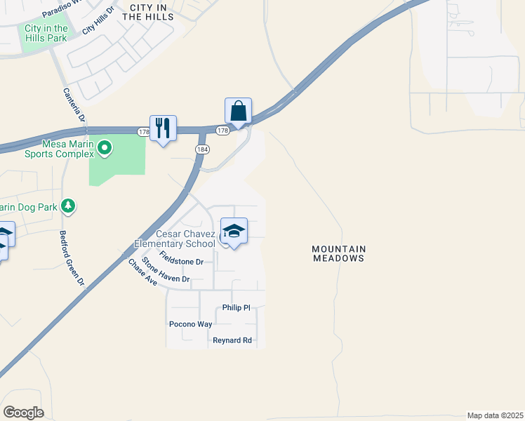 map of restaurants, bars, coffee shops, grocery stores, and more near 11111 Fangio Court in Bakersfield