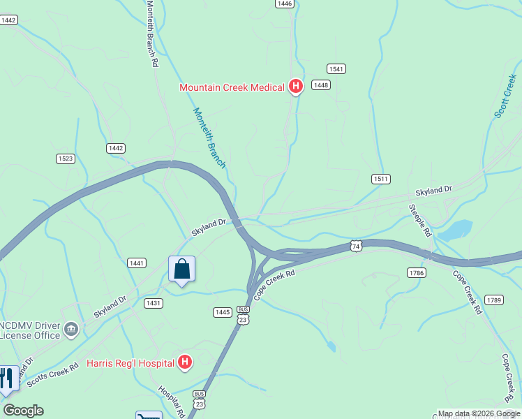 map of restaurants, bars, coffee shops, grocery stores, and more near 1689 Skyland Dr in Sylva