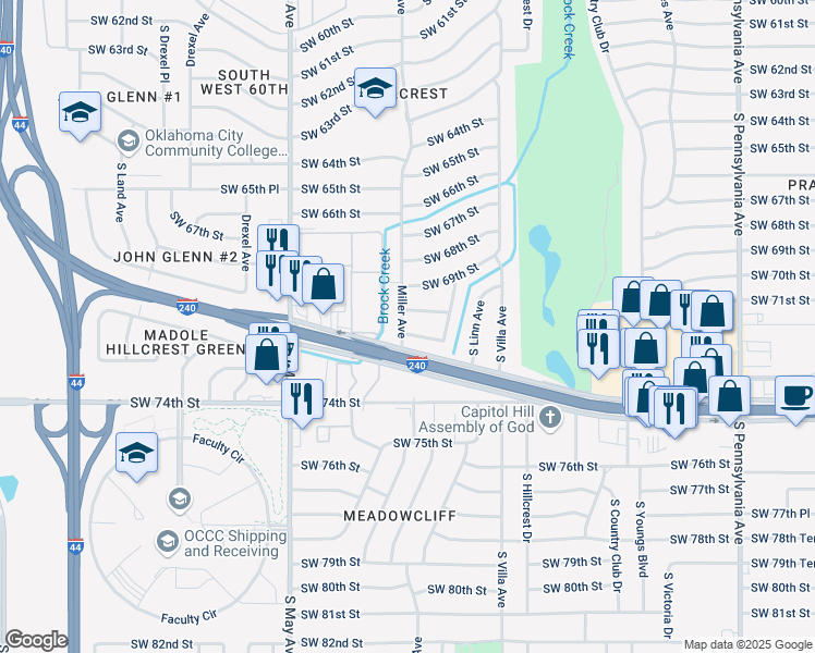 map of restaurants, bars, coffee shops, grocery stores, and more near 7009 Miller Avenue in Oklahoma City