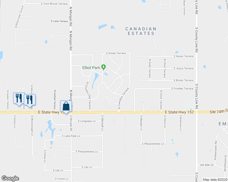 map of restaurants, bars, coffee shops, grocery stores, and more near 305 North Lakeside Terrace in Mustang