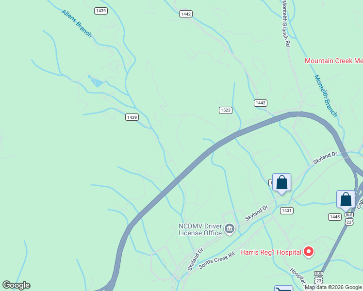 map of restaurants, bars, coffee shops, grocery stores, and more near 756 Frosty Ridge Road in Sylva