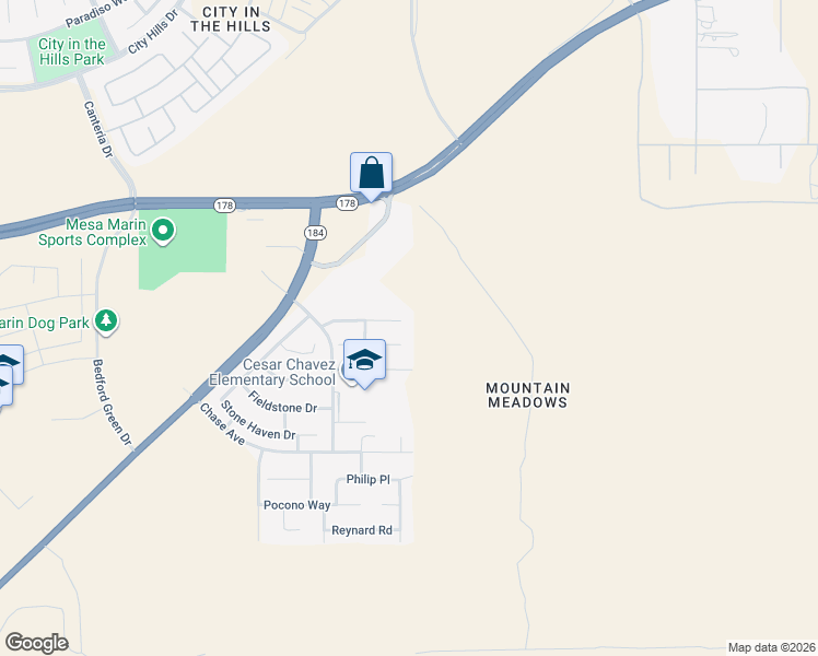 map of restaurants, bars, coffee shops, grocery stores, and more near 11111 Fangio Court in Bakersfield