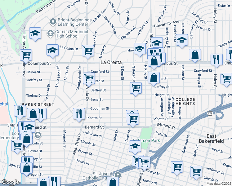 map of restaurants, bars, coffee shops, grocery stores, and more near 2321 North Tulare Street in Bakersfield