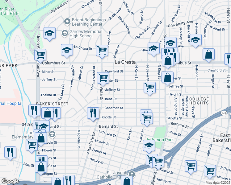 map of restaurants, bars, coffee shops, grocery stores, and more near 407 Jeffrey Street in Bakersfield