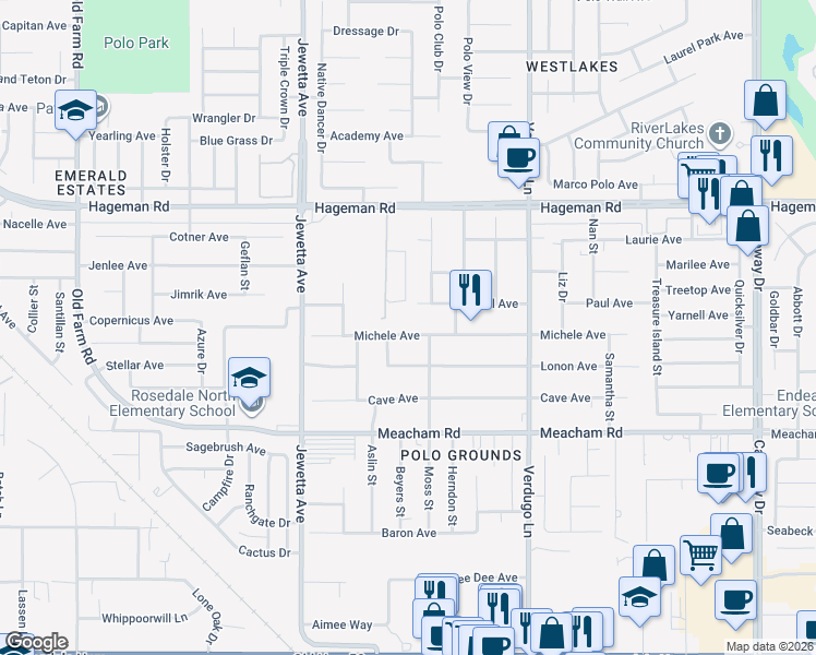 map of restaurants, bars, coffee shops, grocery stores, and more near 10912 Michele Avenue in Bakersfield
