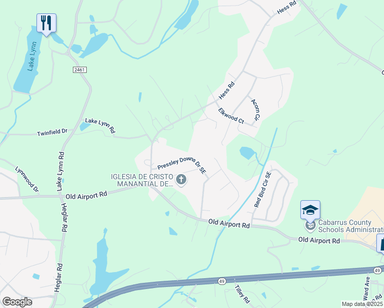 map of restaurants, bars, coffee shops, grocery stores, and more near 1233 Pressley Downs Drive Southeast in Concord
