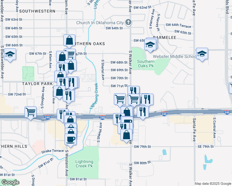 map of restaurants, bars, coffee shops, grocery stores, and more near 7228 South Shartel Avenue in Oklahoma City