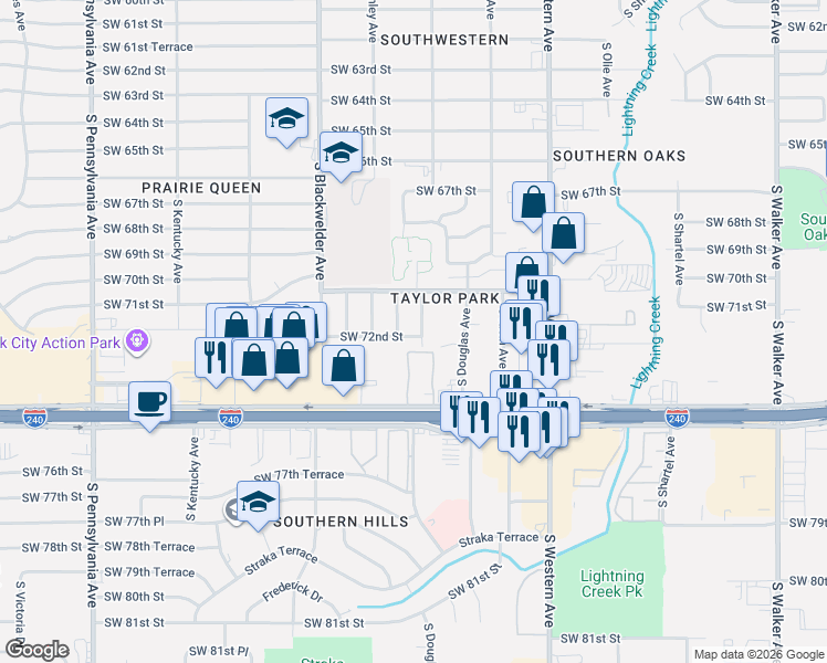 map of restaurants, bars, coffee shops, grocery stores, and more near 7213 South Winston Way in Oklahoma City