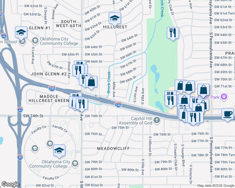 map of restaurants, bars, coffee shops, grocery stores, and more near 2605 Southwest 71st Street in Oklahoma City