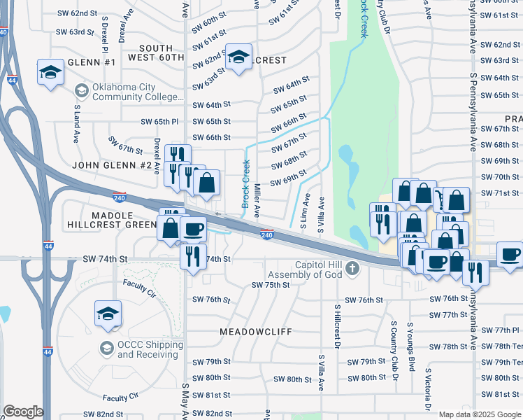 map of restaurants, bars, coffee shops, grocery stores, and more near 7009 Miller Avenue in Oklahoma City