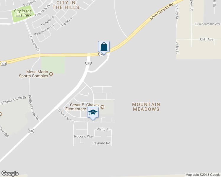 map of restaurants, bars, coffee shops, grocery stores, and more near 11111 Fangio Court in Bakersfield