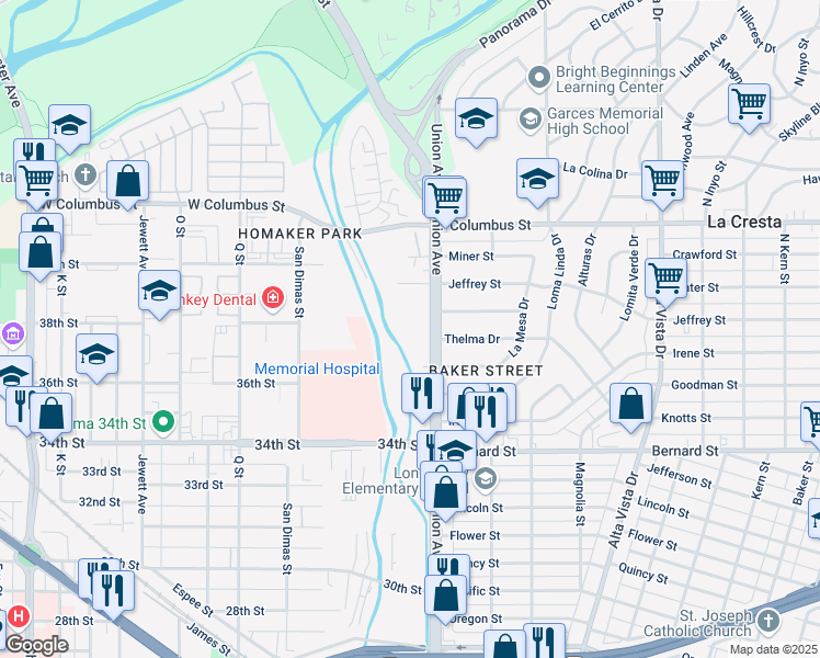 map of restaurants, bars, coffee shops, grocery stores, and more near 3807 Union Avenue in Bakersfield