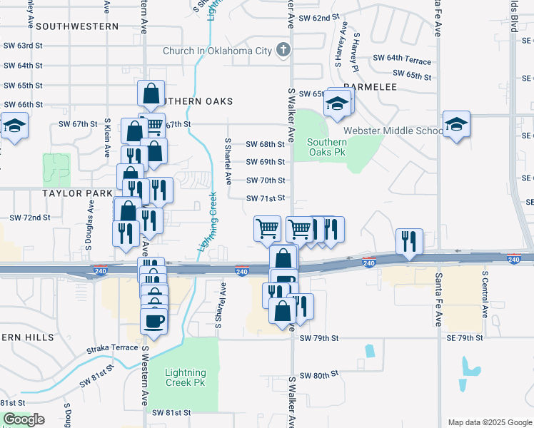 map of restaurants, bars, coffee shops, grocery stores, and more near 7245 South Walker Avenue in Oklahoma City