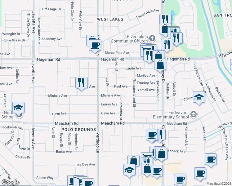map of restaurants, bars, coffee shops, grocery stores, and more near 10206 Michele Ave in Bakersfield