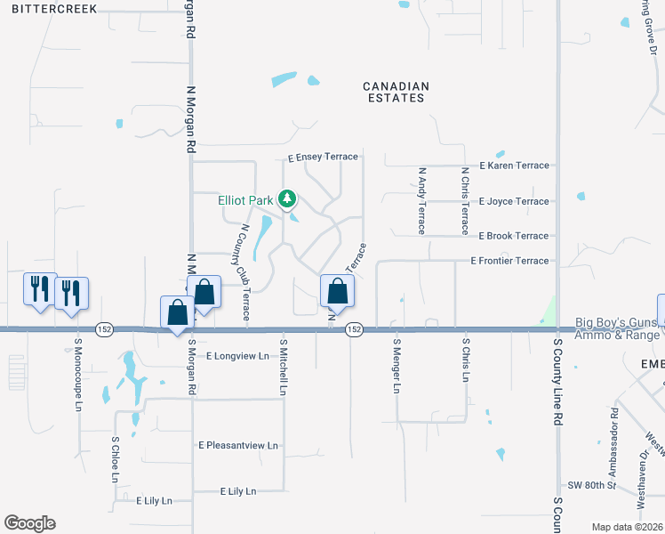 map of restaurants, bars, coffee shops, grocery stores, and more near 305 North Lakeside Terrace in Mustang