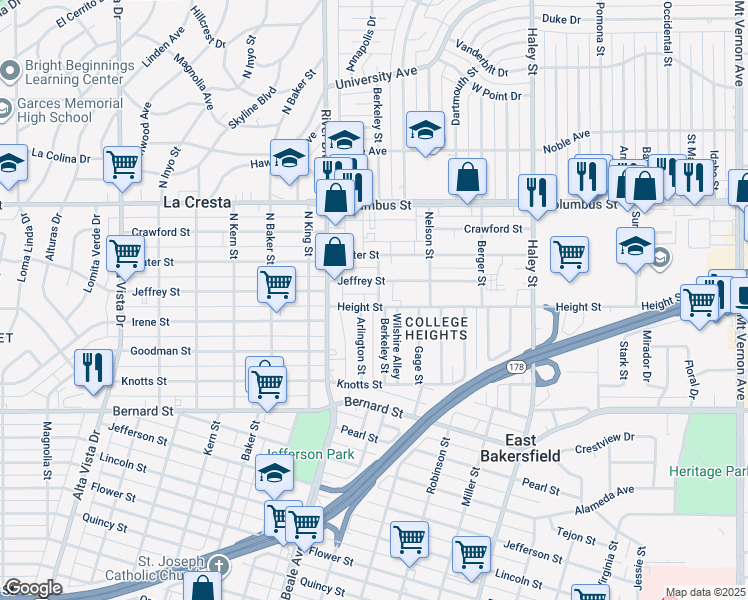 map of restaurants, bars, coffee shops, grocery stores, and more near 926 Height Street in Bakersfield