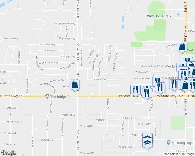 map of restaurants, bars, coffee shops, grocery stores, and more near 305 North Chisholm Trail Way in Mustang