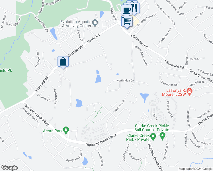 map of restaurants, bars, coffee shops, grocery stores, and more near 14121 Northridge Drive in Charlotte