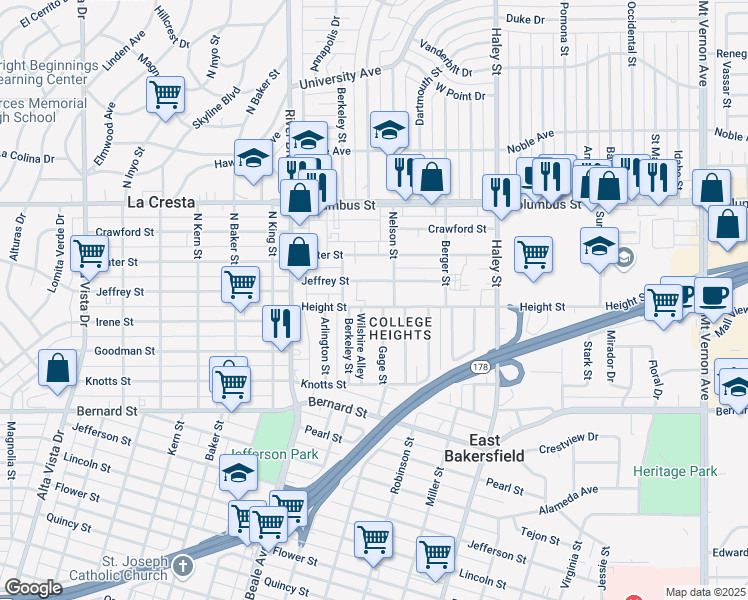 map of restaurants, bars, coffee shops, grocery stores, and more near 1028 Height Street in Bakersfield