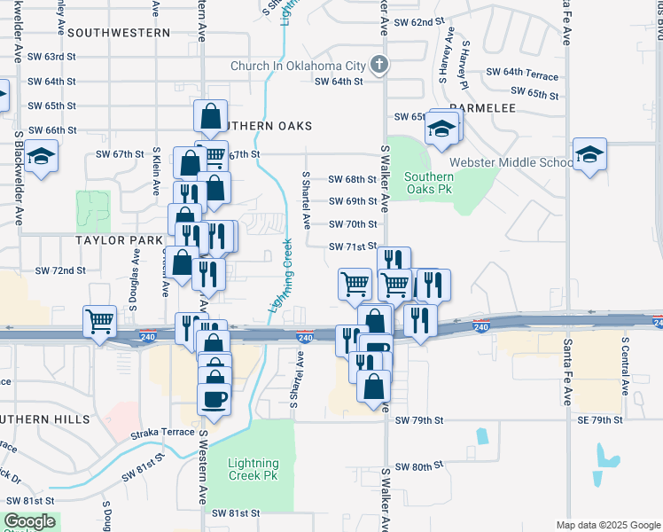 map of restaurants, bars, coffee shops, grocery stores, and more near 7228 South Shartel Avenue in Oklahoma City