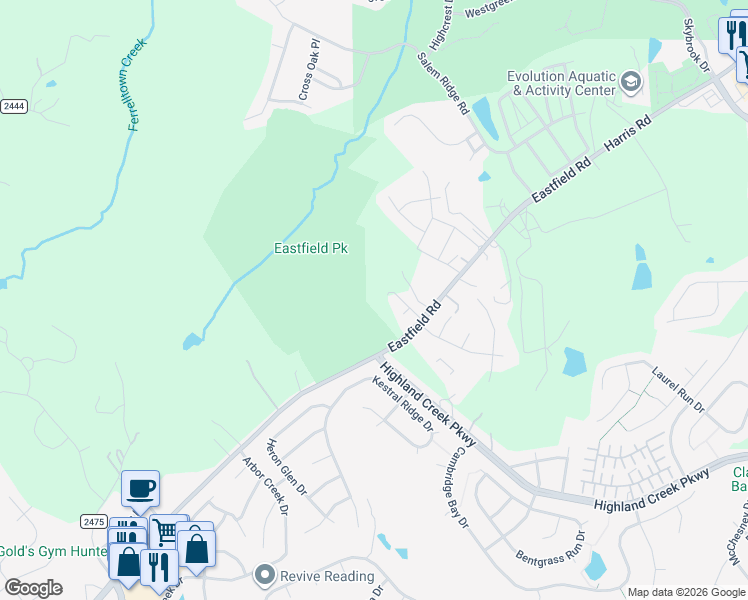 map of restaurants, bars, coffee shops, grocery stores, and more near 14007 Eastfield Road in Huntersville