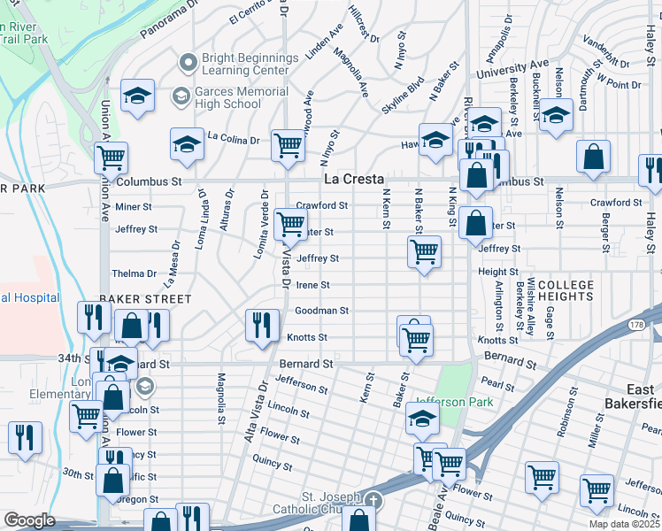 map of restaurants, bars, coffee shops, grocery stores, and more near 407 Jeffrey Street in Bakersfield