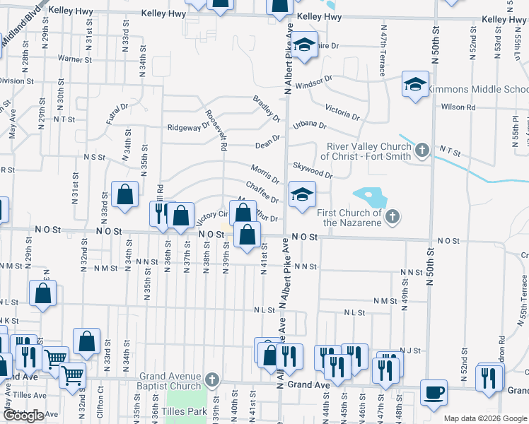map of restaurants, bars, coffee shops, grocery stores, and more near 4105 Macarthur Drive in Fort Smith