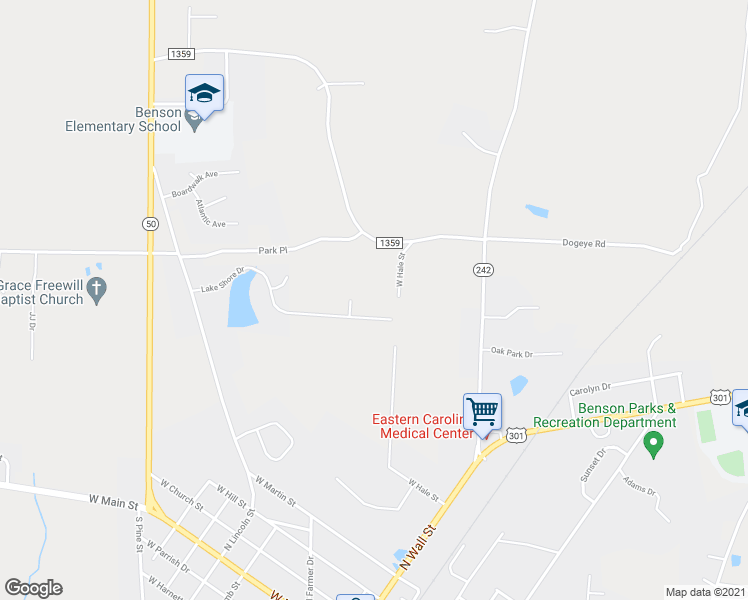 map of restaurants, bars, coffee shops, grocery stores, and more near 607 West Hale Street in Benson
