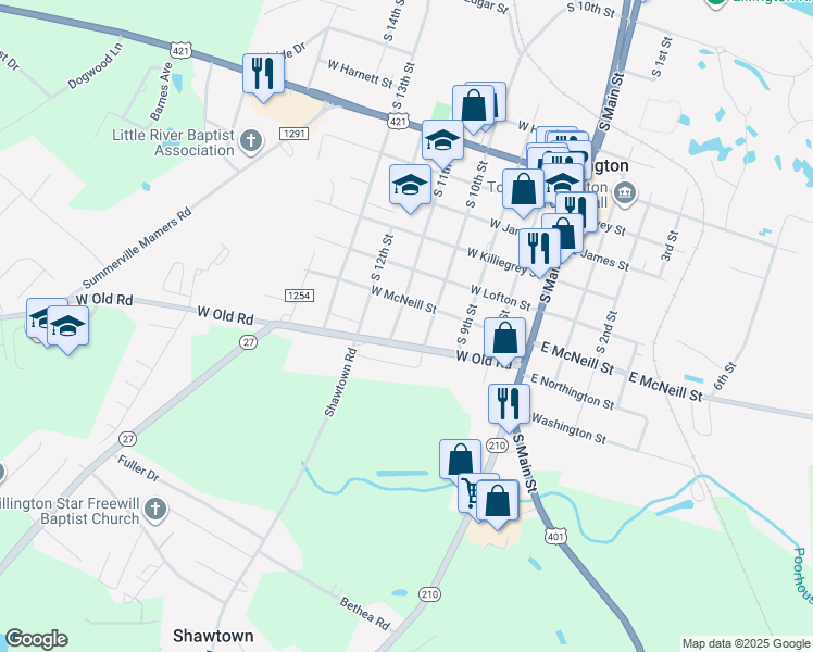 map of restaurants, bars, coffee shops, grocery stores, and more near 1309 South 11th Street in Lillington