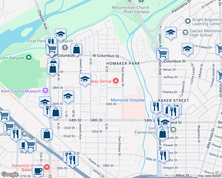 map of restaurants, bars, coffee shops, grocery stores, and more near 3700 Q Street in Bakersfield