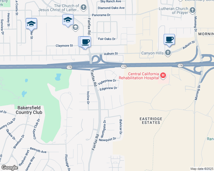 map of restaurants, bars, coffee shops, grocery stores, and more near 6712 Edgeview Drive in Bakersfield