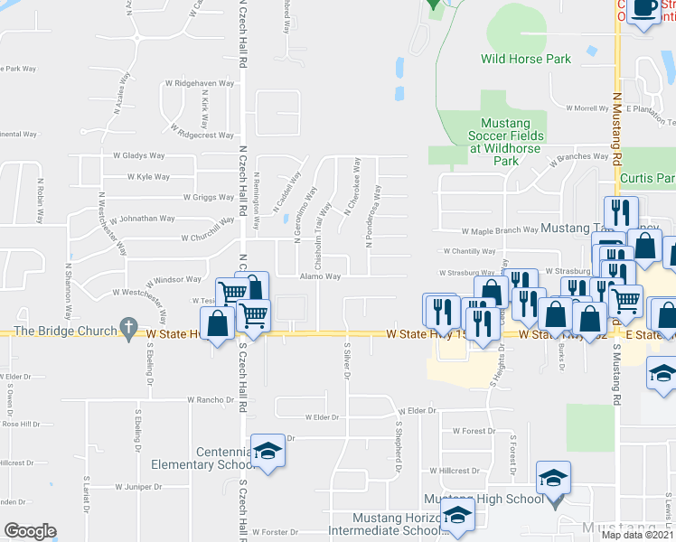 map of restaurants, bars, coffee shops, grocery stores, and more near 635 Alamo Way in Mustang