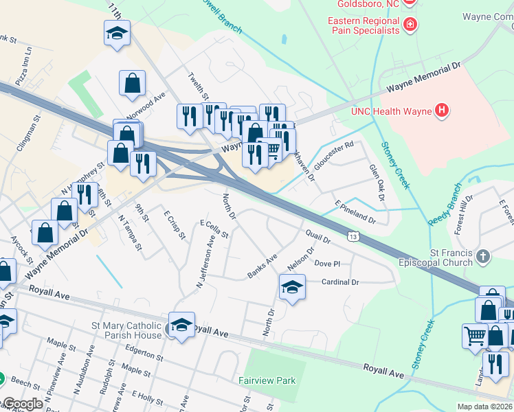 map of restaurants, bars, coffee shops, grocery stores, and more near 111 Quail Drive in Goldsboro