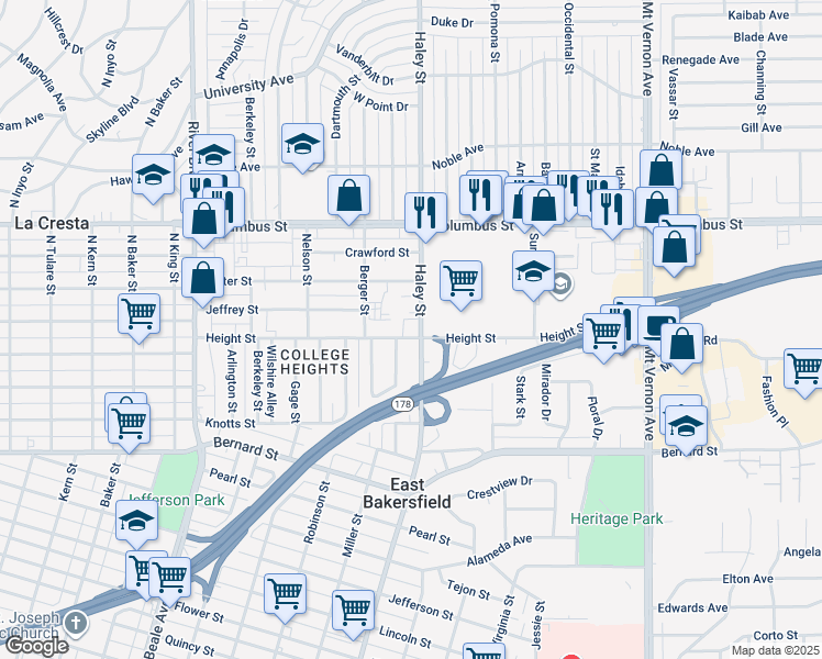 map of restaurants, bars, coffee shops, grocery stores, and more near 2339 Gurley Street in Bakersfield
