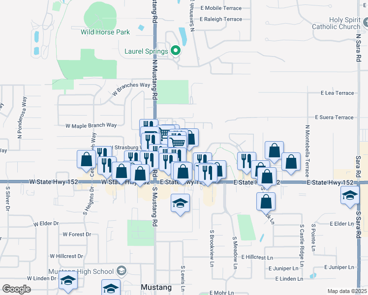 map of restaurants, bars, coffee shops, grocery stores, and more near 118 East Trade Center Terrace in Mustang