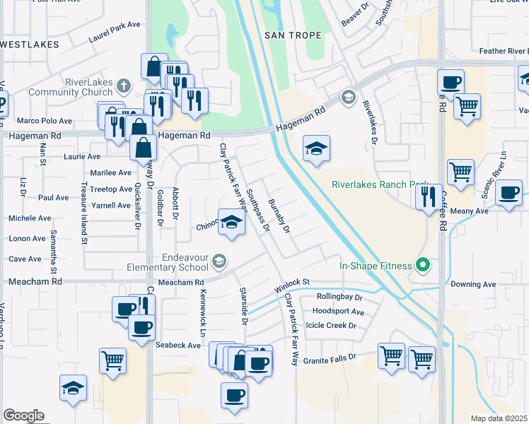 map of restaurants, bars, coffee shops, grocery stores, and more near 3722 Southpass Drive in Bakersfield