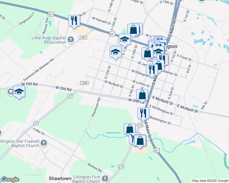 map of restaurants, bars, coffee shops, grocery stores, and more near 1309 South 11th Street in Lillington