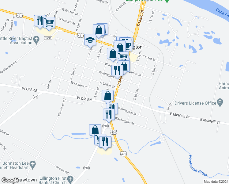 map of restaurants, bars, coffee shops, grocery stores, and more near 1206 South Main Street in Lillington