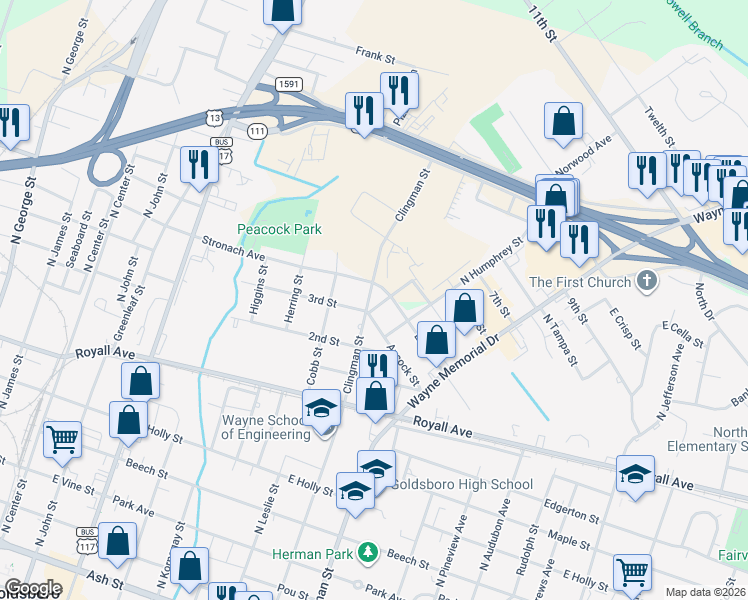 map of restaurants, bars, coffee shops, grocery stores, and more near 1401 North Clingman Street in Goldsboro