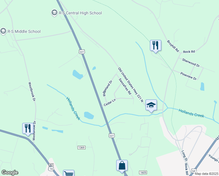 map of restaurants, bars, coffee shops, grocery stores, and more near 174 Ridgeland Drive in Rutherfordton